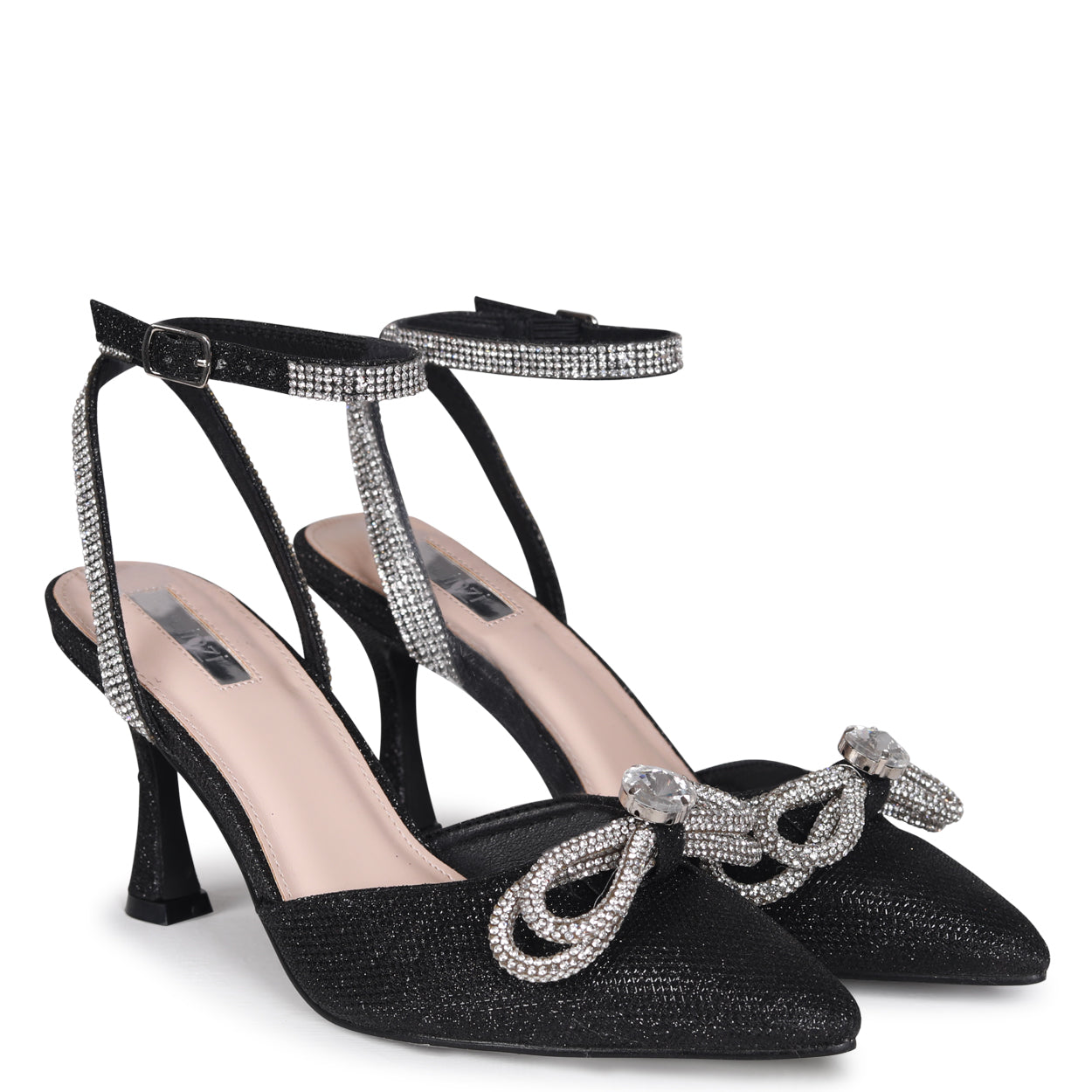 Black Glitter Double Bow Embellished Mid Height Court Heel – Linzi