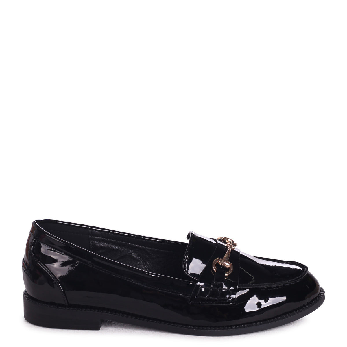 Black Patent Slip On Loafer With Gold Bar Front Detail – Linzi