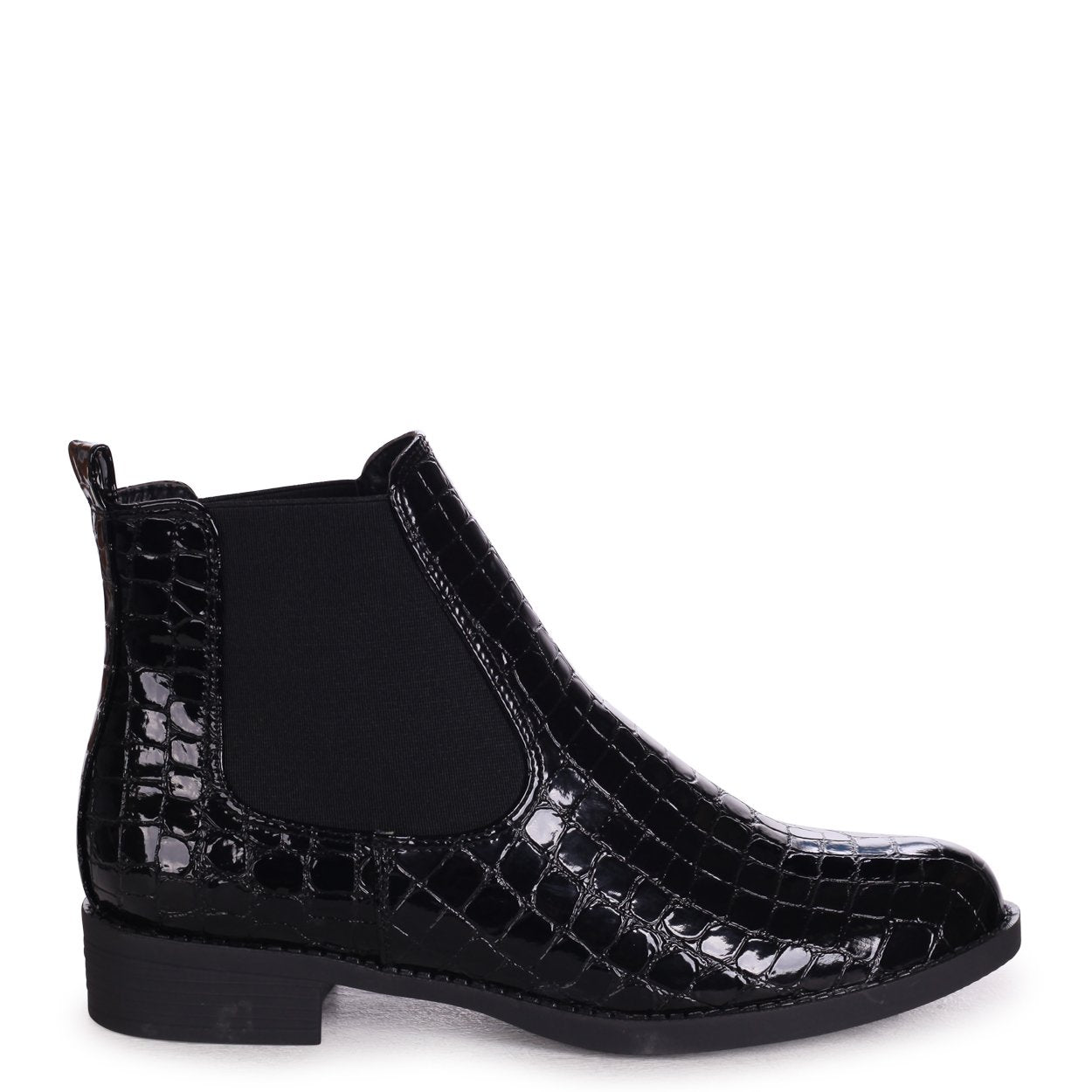 Black Patent Croc Classic Chelsea Boot With Elasticated Side Panels – Linzi