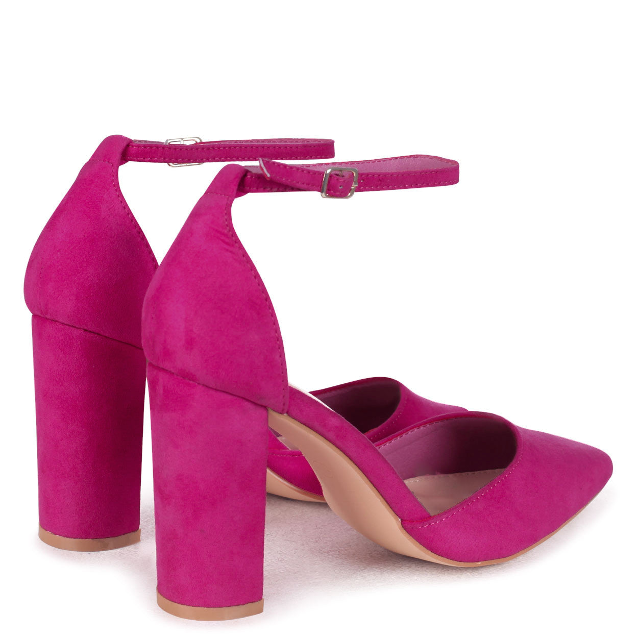 Pink Suede Court Shoe With Ankle Strap & Block Heel – Linzi